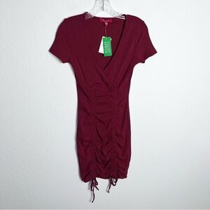Guess Dress Womens Small Ruched Bodycon Scrunched Ties Red V neck B2
